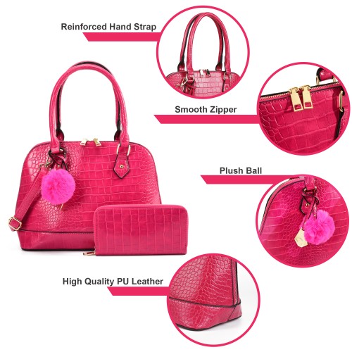 VK5610-FUSHIA - Ladies new solid color handbag with wallet set