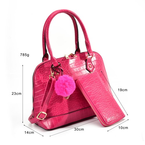 VK5610-FUSHIA - Ladies new solid color handbag with wallet set