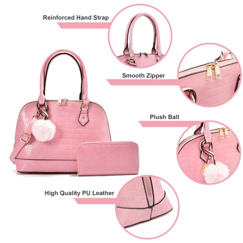 VK5610-PINK - Ladies new solid color handbag with wallet set