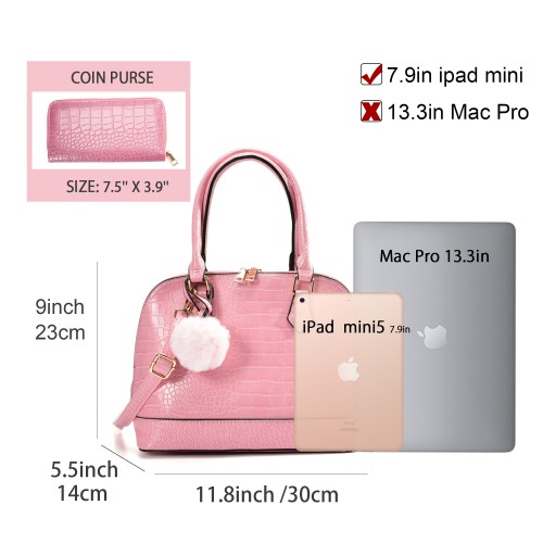 VK5610-PINK - Ladies new solid color handbag with wallet set