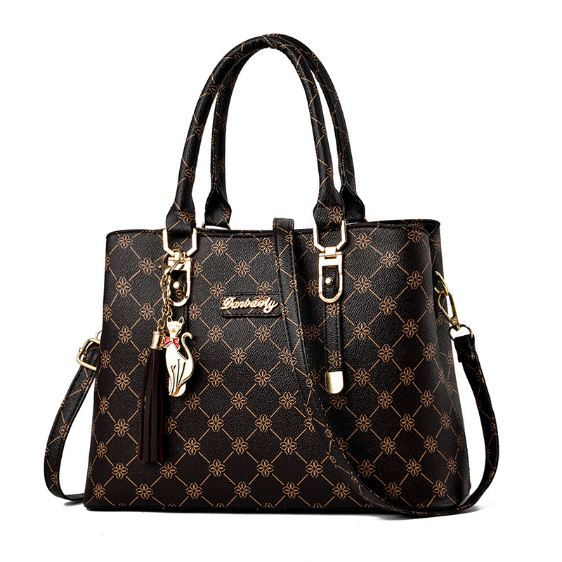 CT44942 DACOFFEE Vintage-Inspired Geometric Print PU Leather Tote Bag