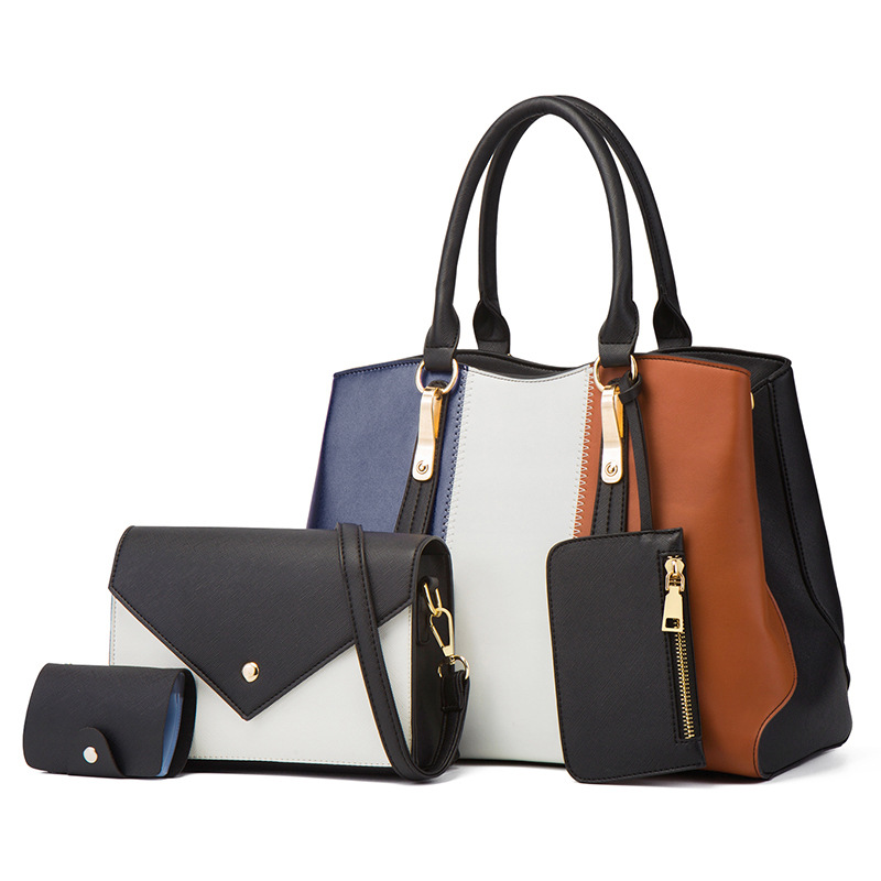 CT44925 BLACK Street-Style PU Leather Color Block Bag Set