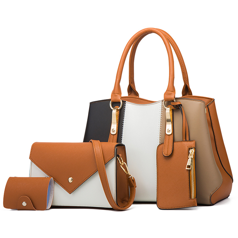 CT44925 BROWN Street-Style PU Leather Color Block Bag Set