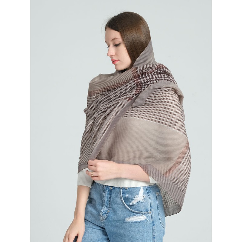 SF1288-KHAKI Beautiful Lightweight Houndstooth Pleated Shawl