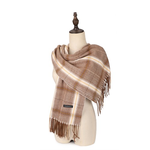 SF1615-KHAKI Fresh Striped Light Color Warm Cashmere Scarf