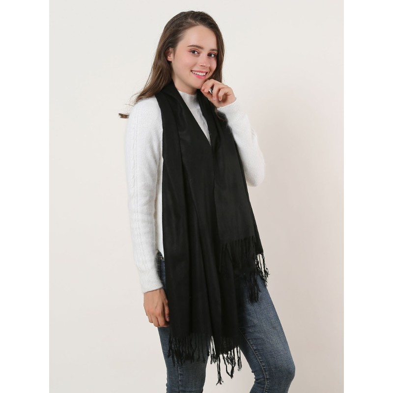 SF503-4 Black – Textured Pure Color Scarf With Tassels Ends