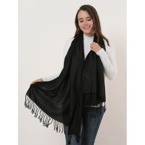 SF503-4 Black – Textured Pure Color Scarf With Tassels Ends