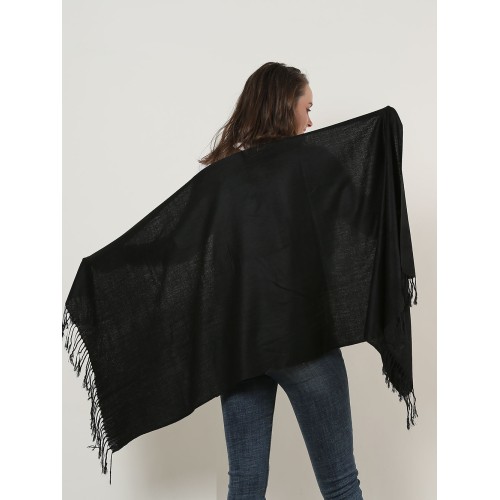 SF503-4 Black – Textured Pure Color Scarf With Tassels Ends