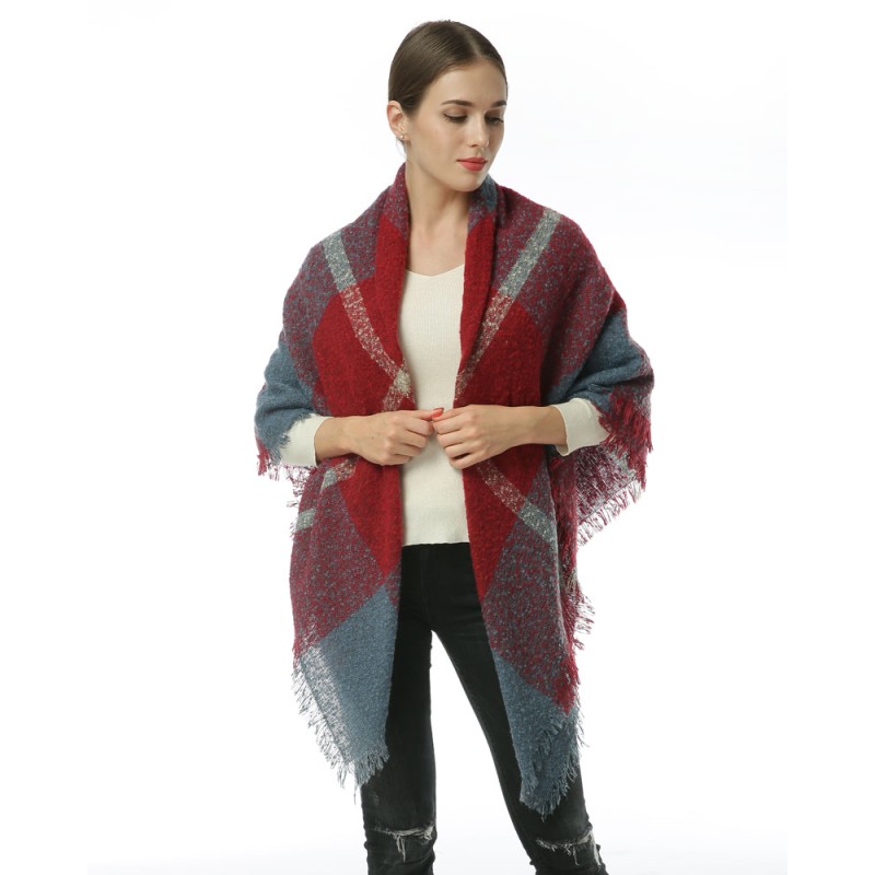 SF962 Red - Women Plaid Scarf With Tassels