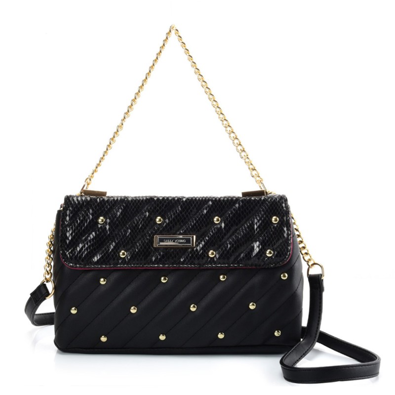 SY2178 Black- Chain Handbag With Flap and Studs Design