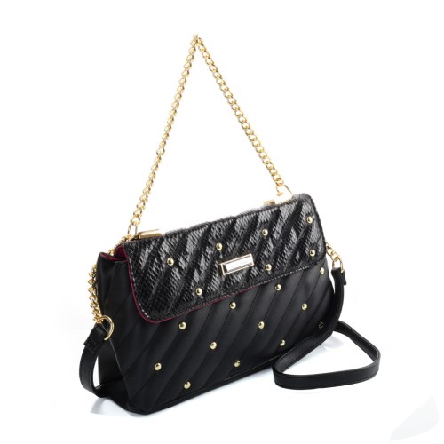 SY2178 Black- Chain Handbag With Flap and Studs Design