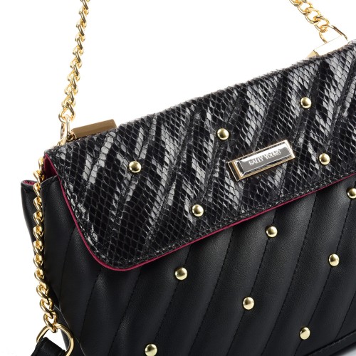 SY2178 Black- Chain Handbag With Flap and Studs Design