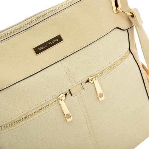 SY2204 BEIGE - Handbag With Symmetrical Zipper Design