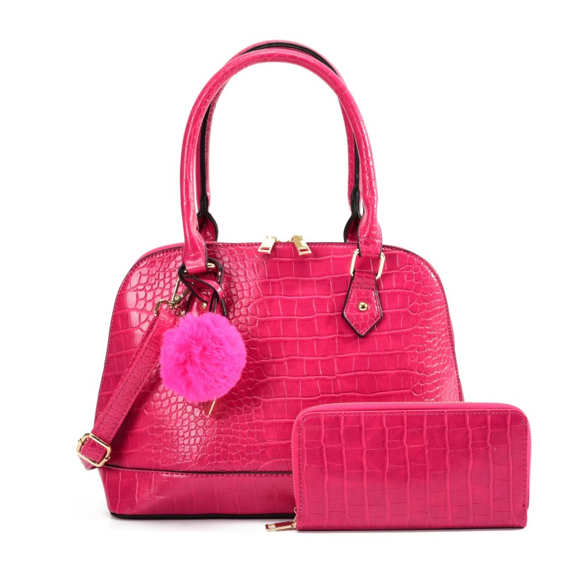 VK5610-FUSHIA - Ladies new solid color handbag with wallet set