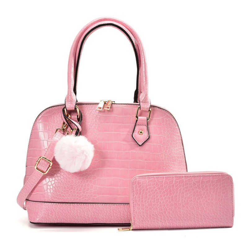 VK5610-PINK - Ladies new solid color handbag with wallet set