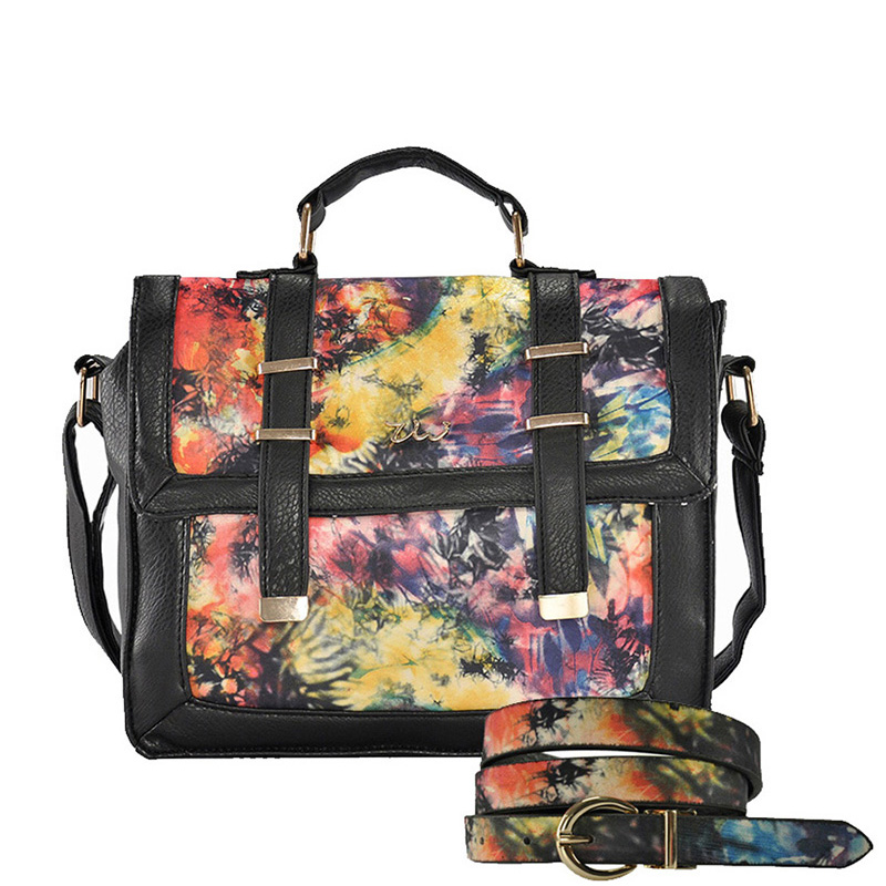 ZW141006A BLACK - Large Capacity Handbag With Watercolor And Buckle Flap Design