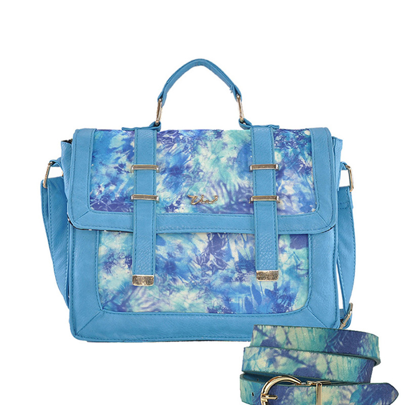 ZW141006A BLUE - Large Capacity Handbag With Watercolor And Buckle Flap Design