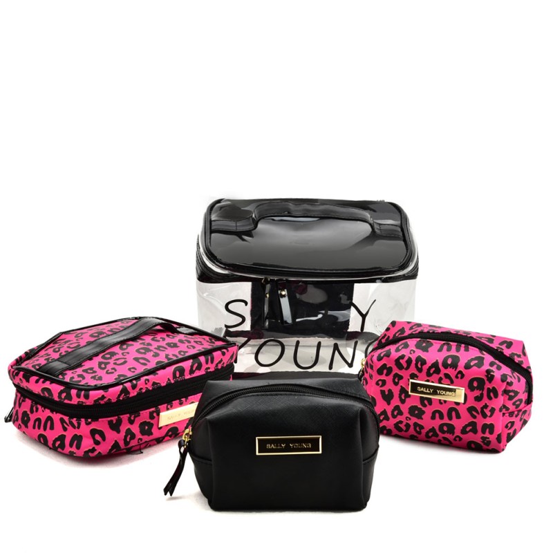 SY2186 FUSHIA - Transparent Large Medium And Small Four Pieces Set Bags